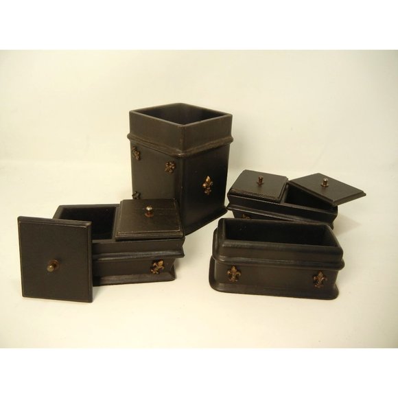 Leather Desk set, Black desk set, vintage India Made, 4 pc. with lids - Picture 8 of 10
